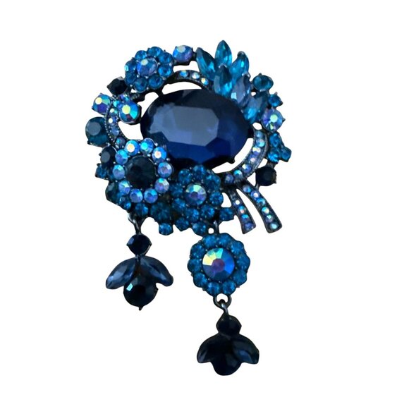 Vintage Blue Rhinestone Floral Brooch With Dangling Charms - Picture 2 of 4